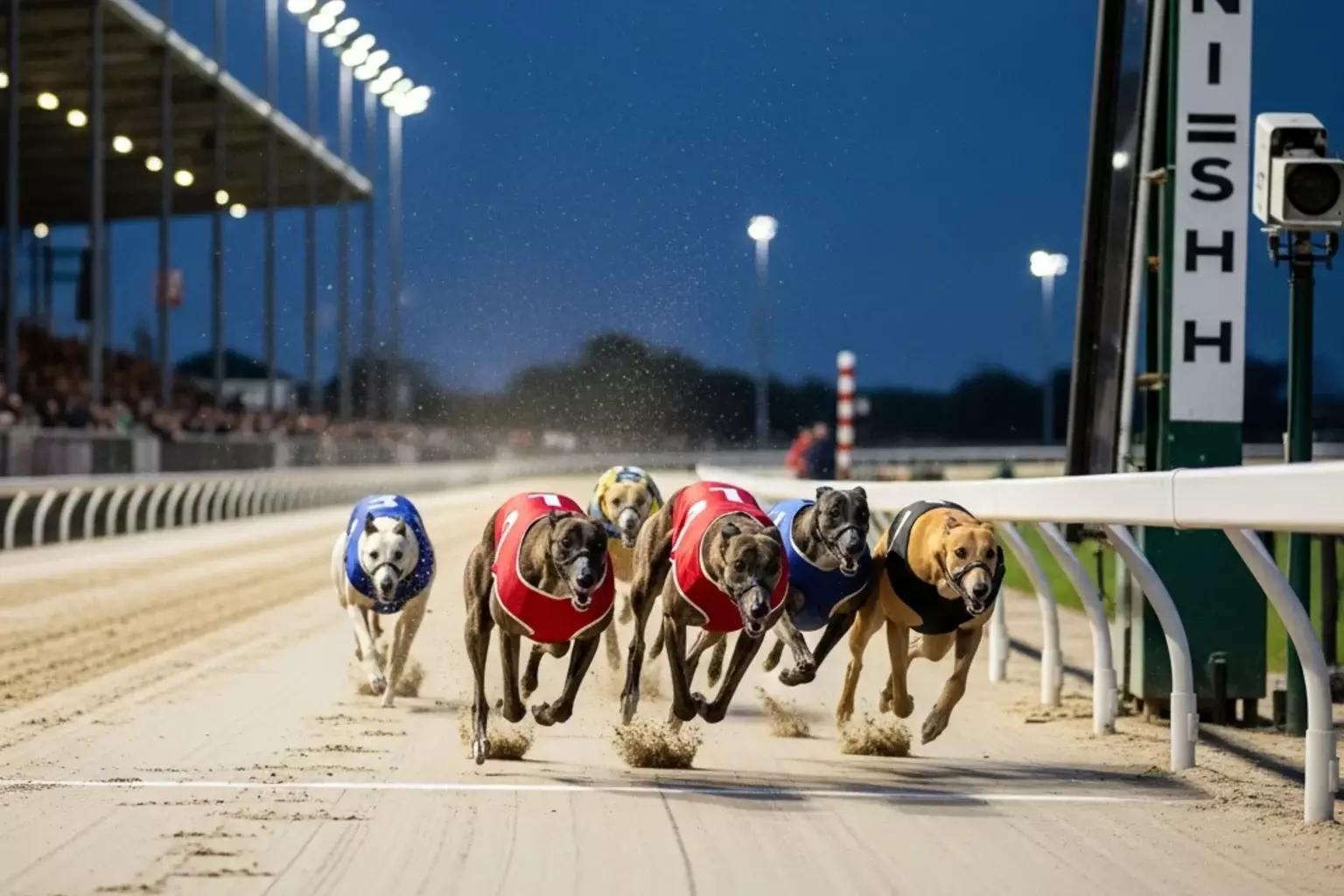 Greyhounds racing towards the finish line during the English Greyhound Derby at Towcester stadium