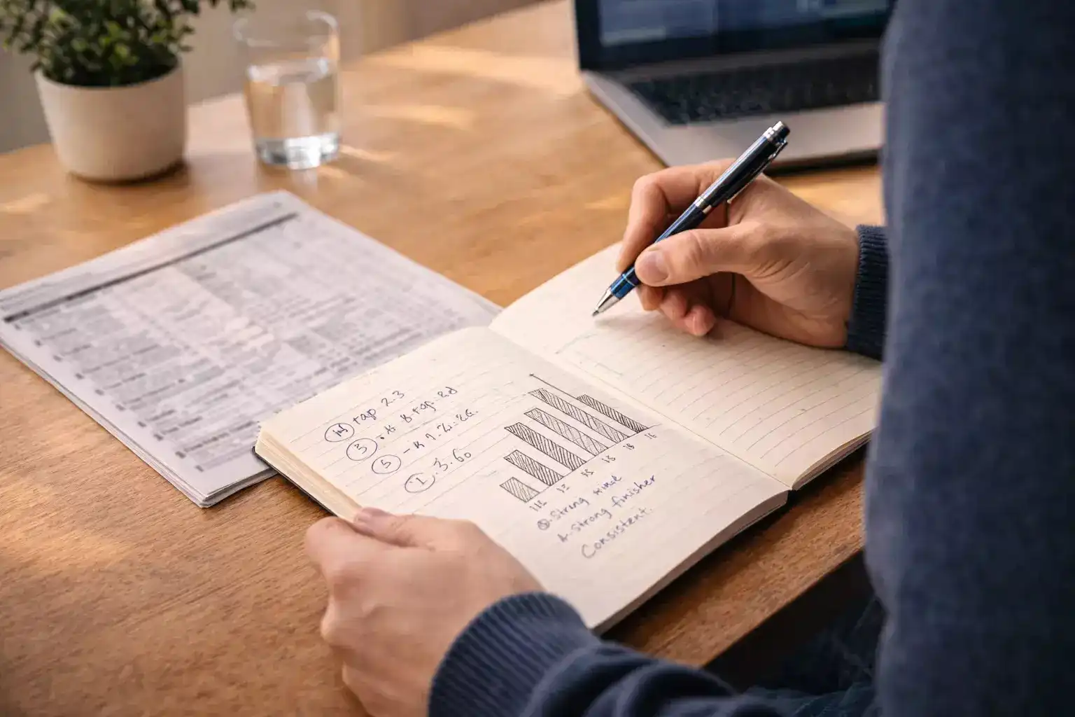 Person studying greyhound racing form data and trap statistics on a notebook at a desk