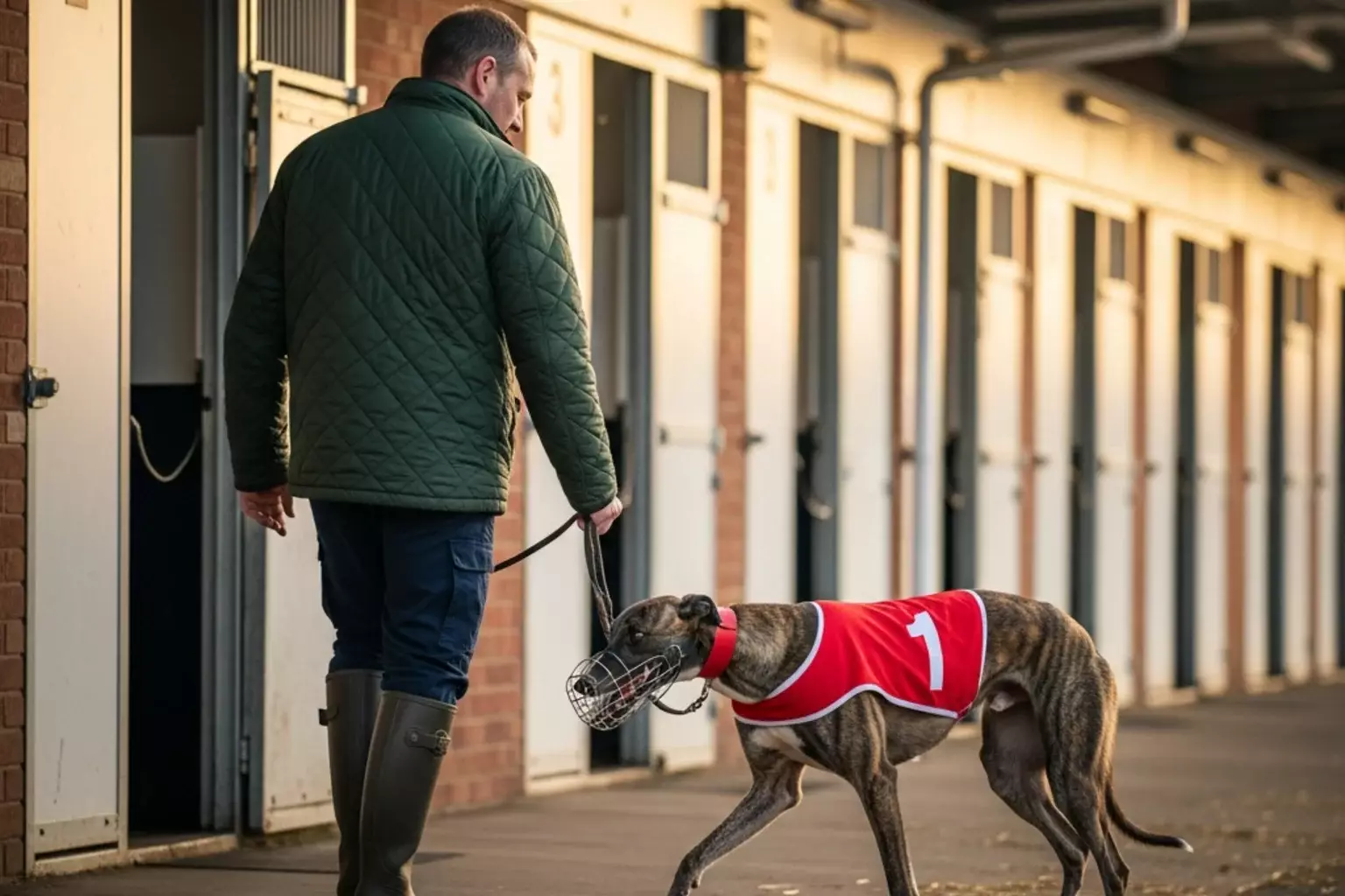 Greyhound trainer leading a racing greyhound in a kennel area before a race at a UK stadium