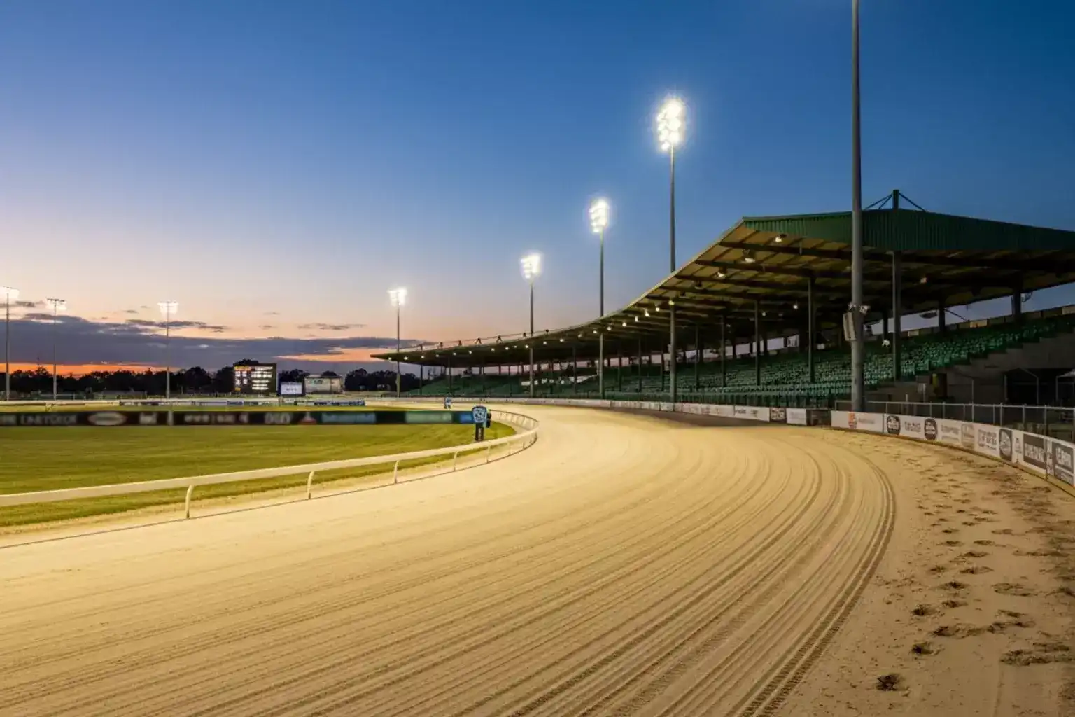 Towcester greyhound stadium racing track with floodlights illuminating the sand surface at evening meeting