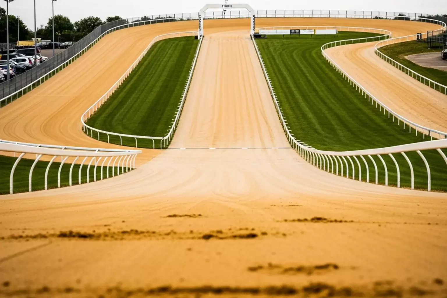 Towcester greyhound track uphill gradient towards the finish line with wide bends visible