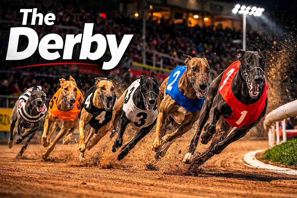 Greyhounds racing in the English Greyhound Derby final at Towcester stadium under floodlights