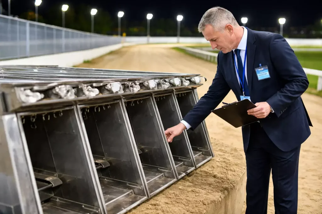 GBGB steward inspecting greyhound kennels at a licensed UK racing stadium
