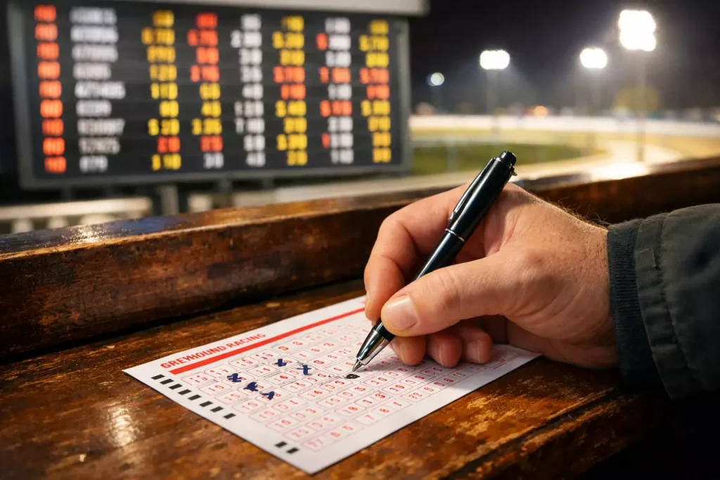 Greyhound betting slip showing forecast and tricast bet types with odds and payout examples