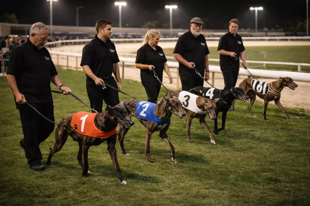 Greyhound racecard showing grade classifications from A1 to D4 with trap draw information