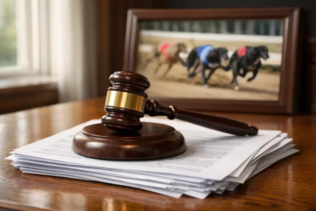 UK Parliament building and greyhound racing track split image representing regulation debate