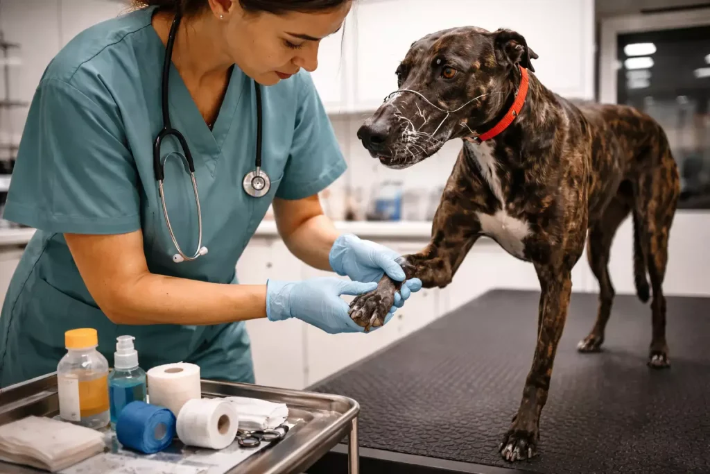 Veterinary team conducting a pre-race health check on a greyhound at a UK licensed stadium