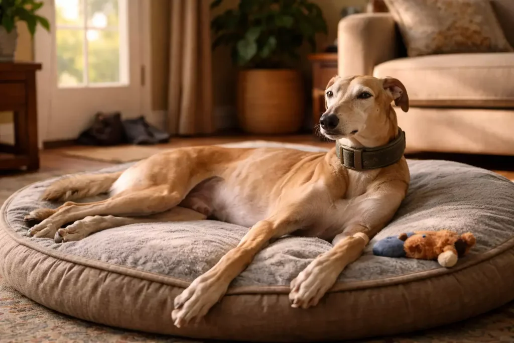 Retired greyhound relaxing on a sofa in a family home after its racing career