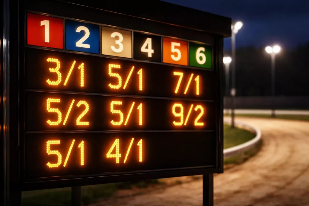 Greyhound betting board showing starting prices and early odds for a Towcester race card