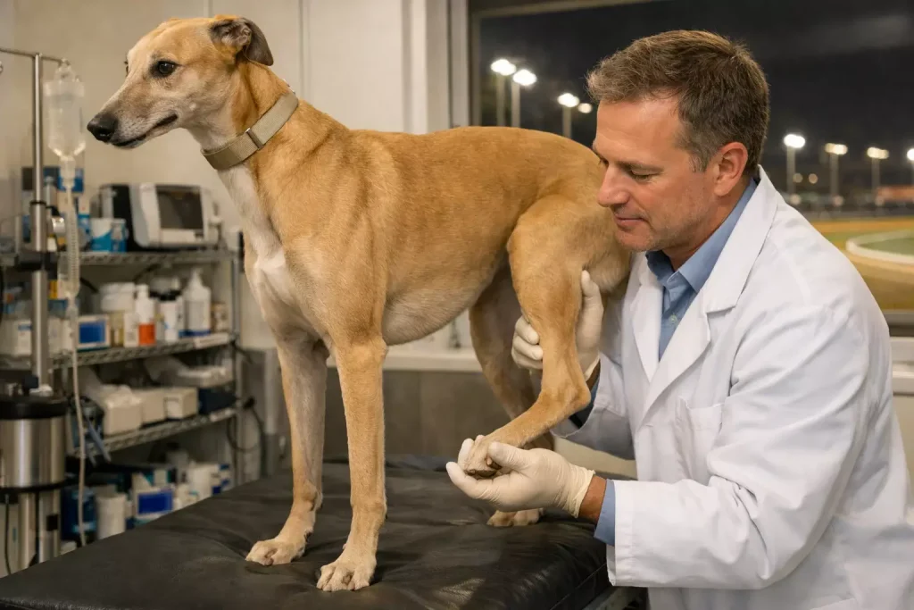 Greyhound receiving veterinary care at a UK racing track with welfare equipment visible