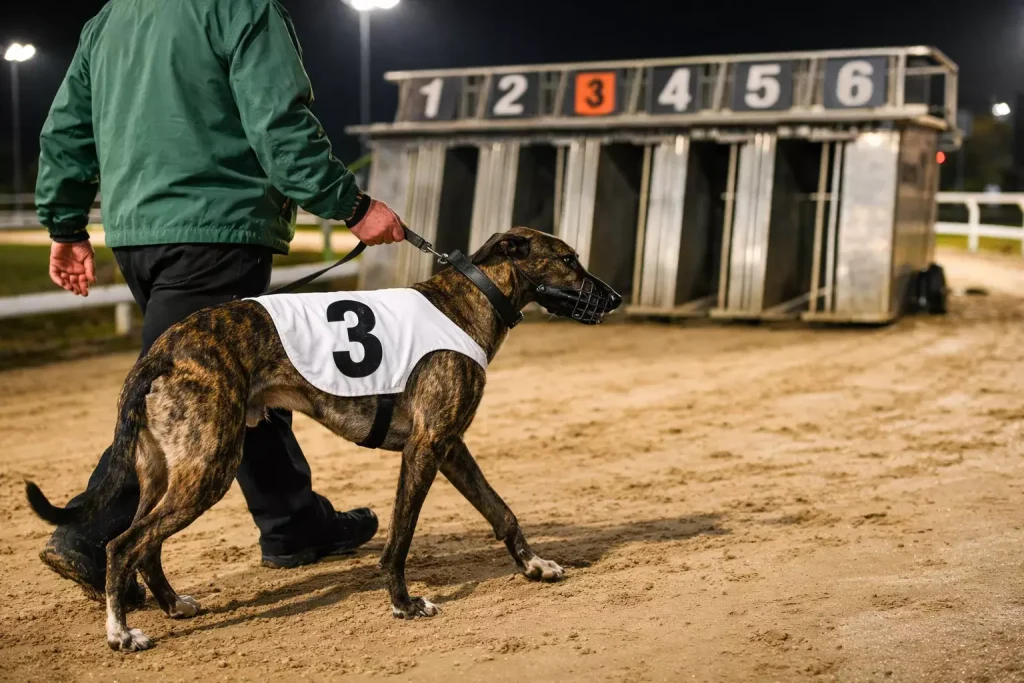 Irish-trained greyhound being paraded before the English Greyhound Derby at Towcester