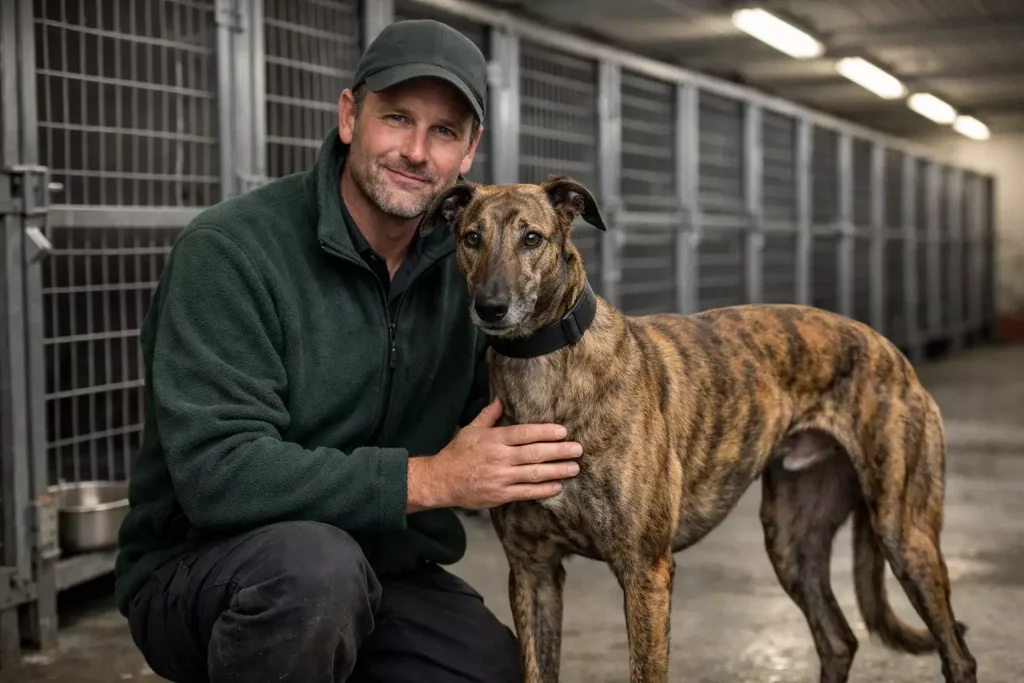 Greyhound trainers leading dogs at Towcester stadium with race kennels in background