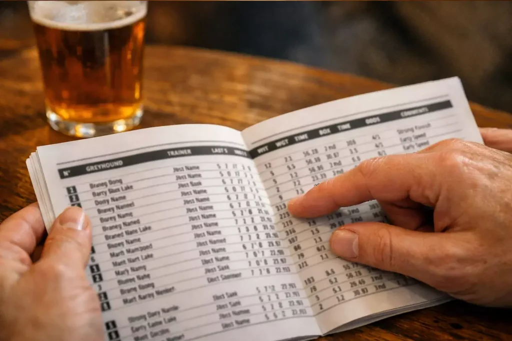 Greyhounds bursting from traps at Towcester in a 260 metre sprint with the single bend ahead