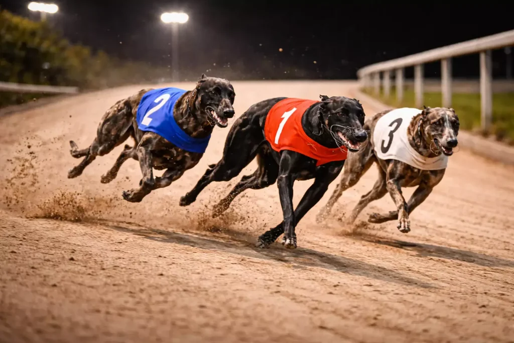 Greyhounds racing on the Towcester track approaching the uphill finish on the 500 metre distance