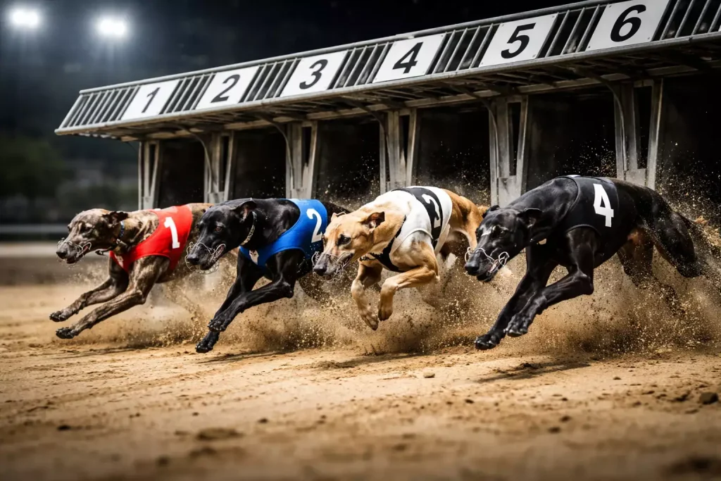 Greyhounds racing into the far bend at Towcester on a long-distance marathon race