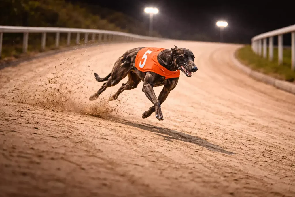 Close-up of Towcester greyhound track sand surface showing moisture variation and maintenance lines