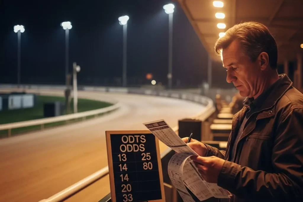 Punter studying a greyhound racecard and betting slip at Towcester trackside with floodlit sand track behind
