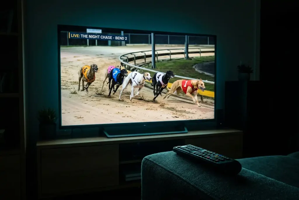 Live greyhound race streaming from Towcester stadium with real-time data overlay