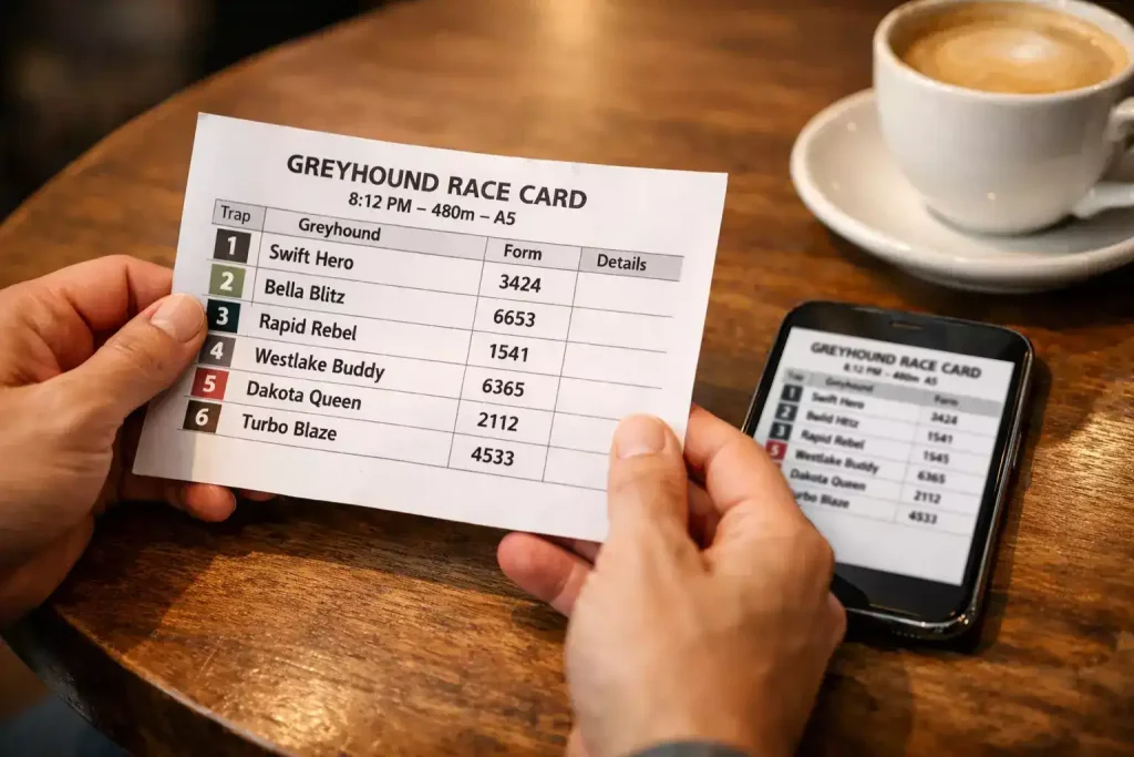 Towcester greyhound racecard displayed on a mobile phone with trap draw and form data visible