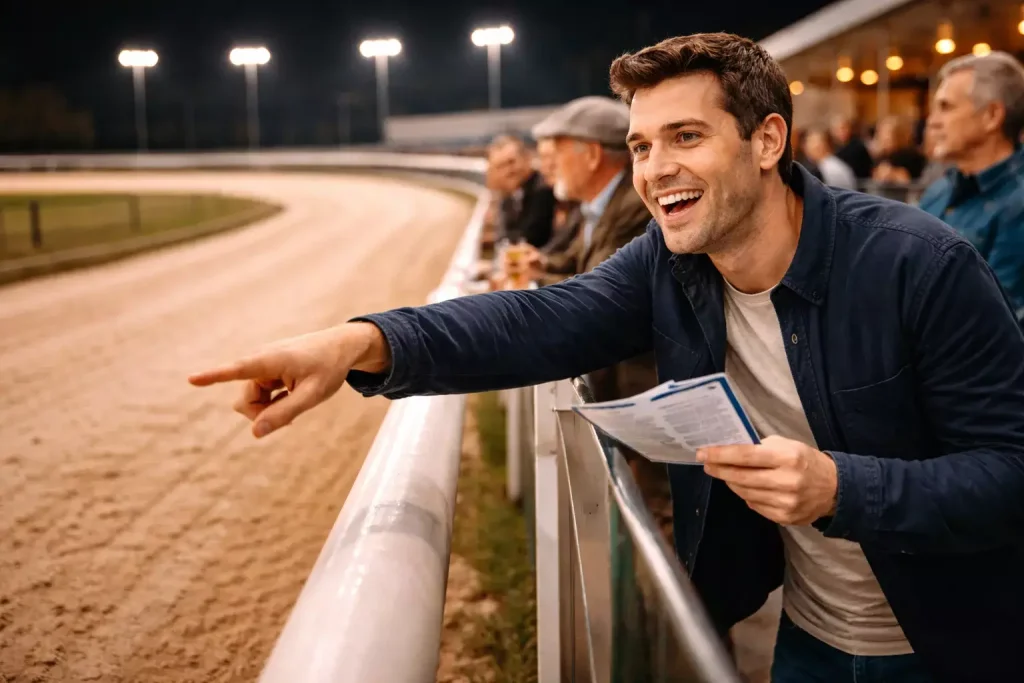 First-time visitor watching greyhound racing at Towcester stadium with racecard in hand