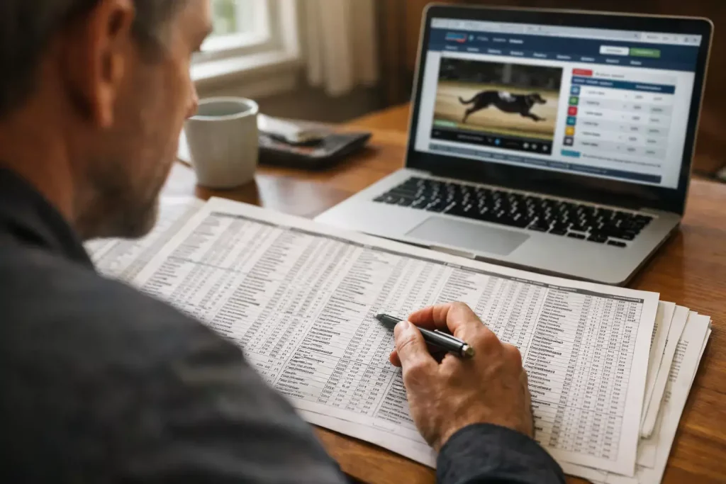 Towcester greyhound results page showing race data columns and finishing positions