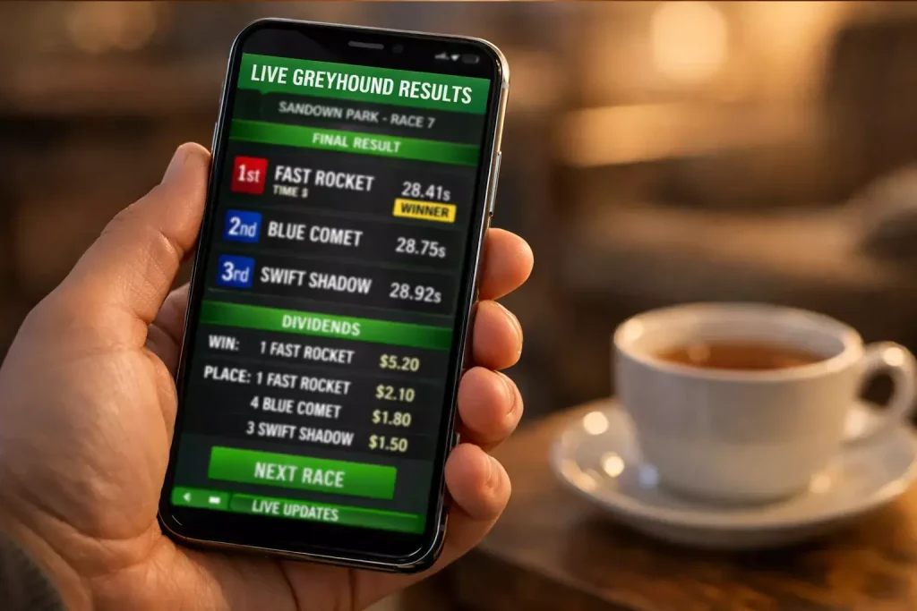 Live greyhound racing results feed showing Towcester race data updating in real time
