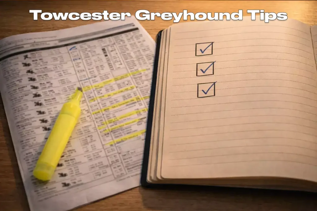 Greyhound racing form study showing trap statistics and trainer data for Towcester selections