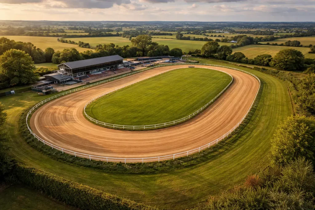 Aerial view of Towcester greyhound sand track showing bends, gradient and the uphill finish straight