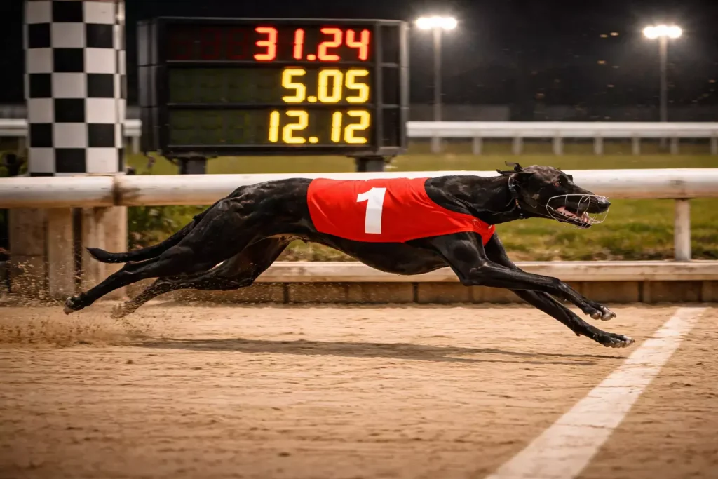 Towcester greyhound track record board showing winning times across all race distances
