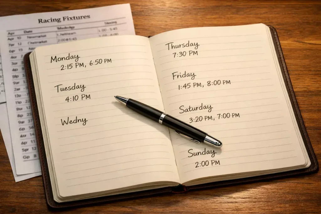 Towcester greyhound stadium meeting calendar showing weekly PGR race schedule