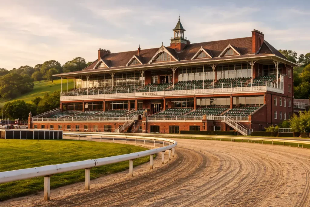 Towcester racecourse grandstand showing the dual heritage of horse racing and greyhound track