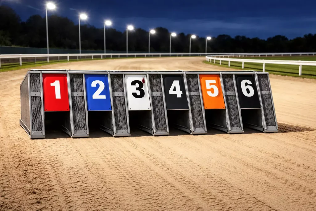 Greyhound traps at Towcester stadium with six coloured starting boxes on the sand track