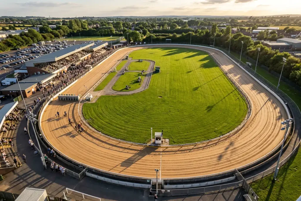 Aerial split view comparing Towcester greyhound track layout with other UK stadium circuits