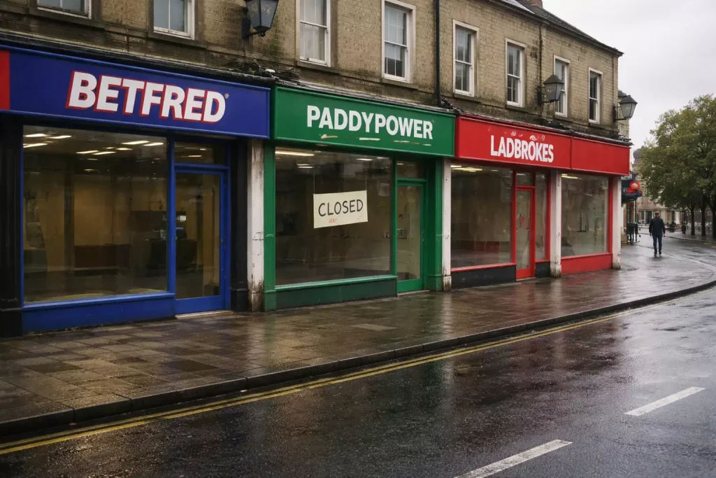 Declining graph showing UK greyhound betting turnover trend with betting shop in background