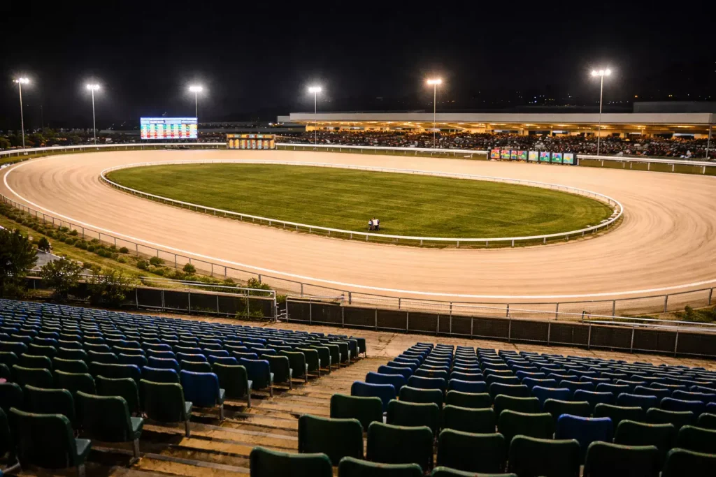 UK greyhound racing stadium under lights with financial data overlay showing industry revenue