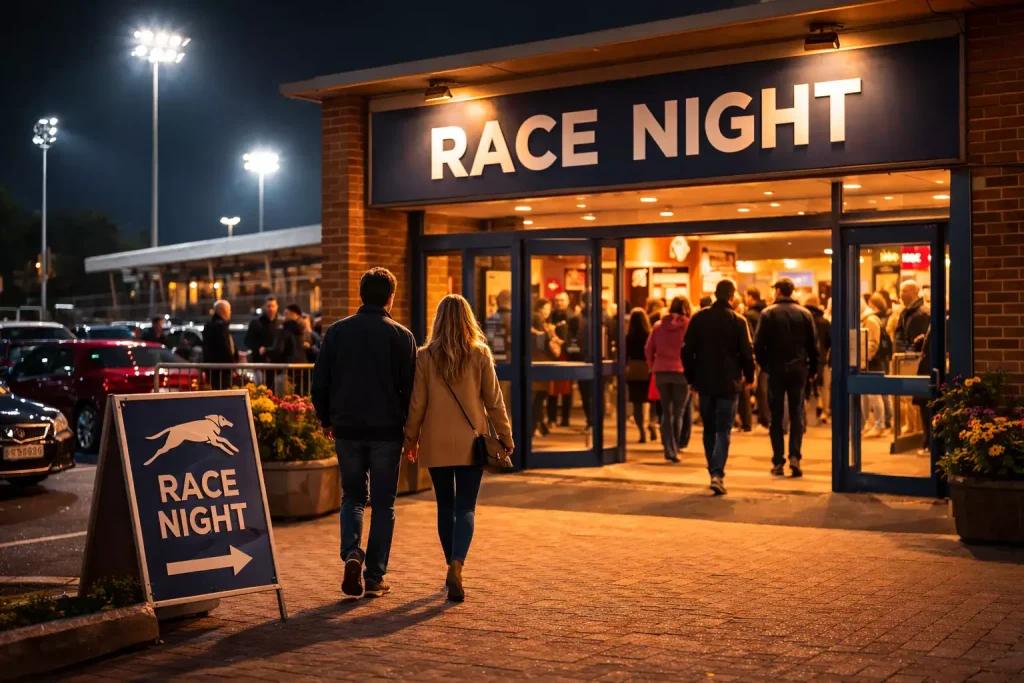 Towcester greyhound stadium entrance on race night with spectators arriving and track lights on